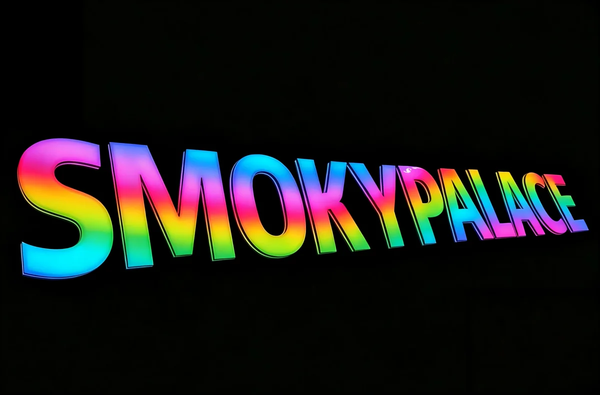 Multicolour illuminated SMOKYPALACE lettering on a dark background